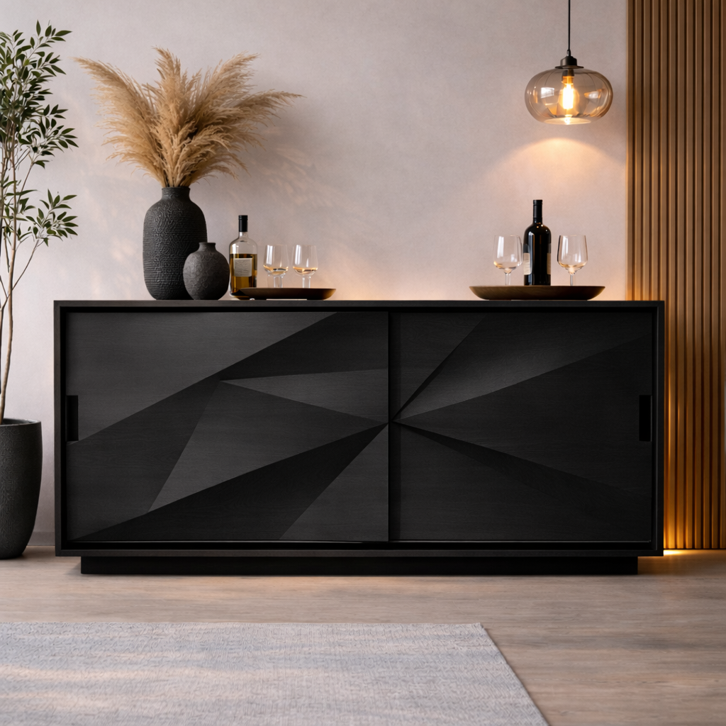 Solid Walnut Console Table with Geometric Carved Doors – Modern Wooden Sideboard - view 4 of 7