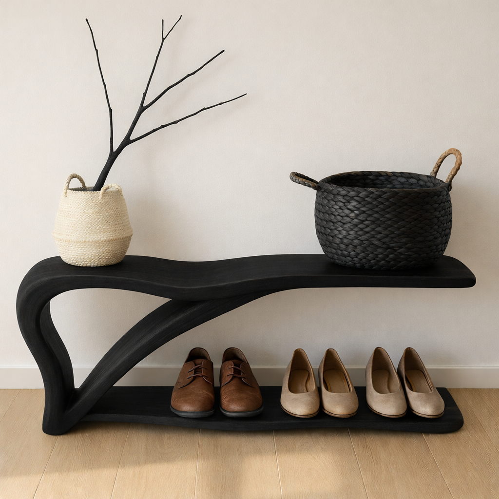 Sculptural Wooden Shoe Storage Bench – Solid Wood Entryway Bench with Shelf - view 4 of 7