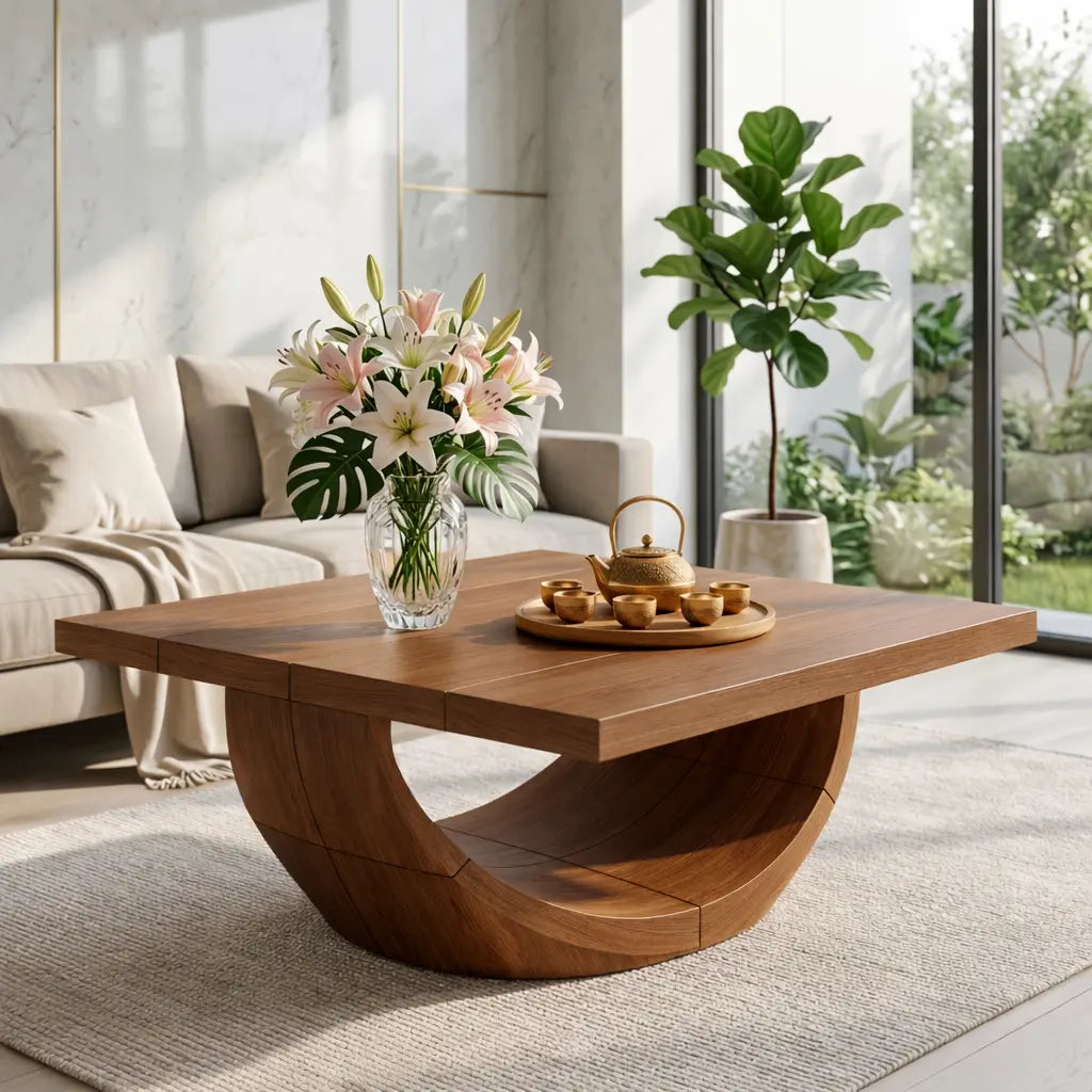 Unique Curved Wooden Coffee Table, Modern Minimalist Living Room Furniture - view 2 of 7