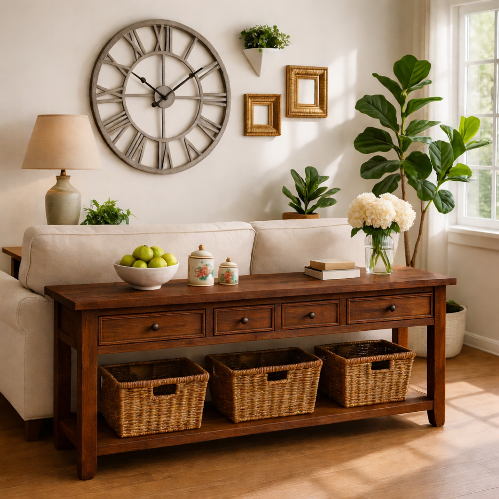 Solid Wood Console Table with Drawers and Storage Shelf for Living Room or Entryway - view 2 of 7