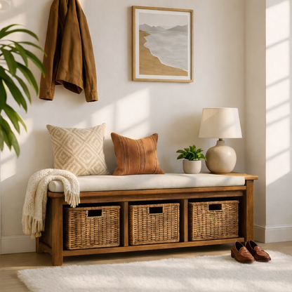 Solid Wood Entryway Bench with Woven Basket Storage, Rustic Hallway Organizer - view 6 of 7