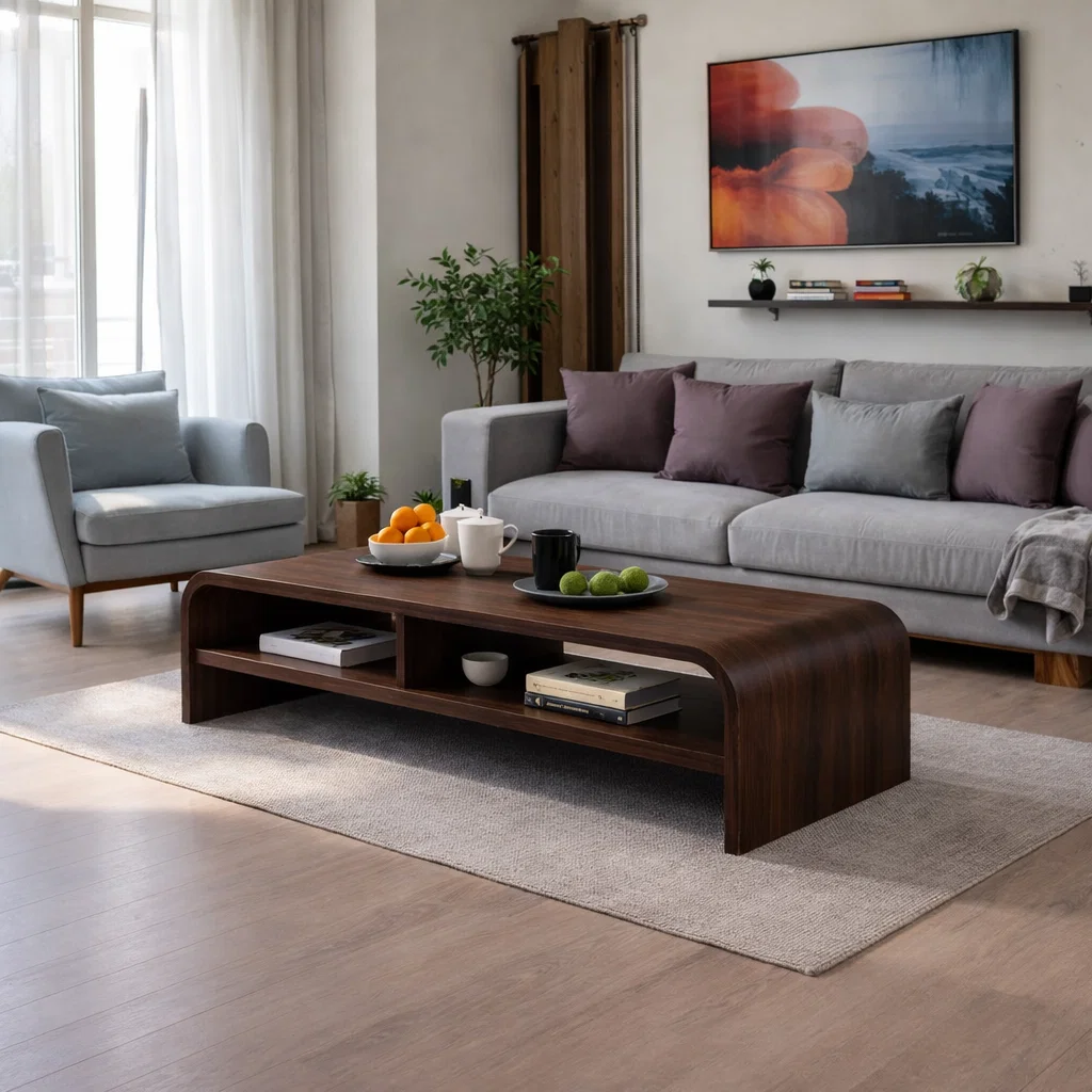Solid Wood Waterfall Coffee Table with Open Shelf – Modern Minimalist Living Room Table - view 3 of 7