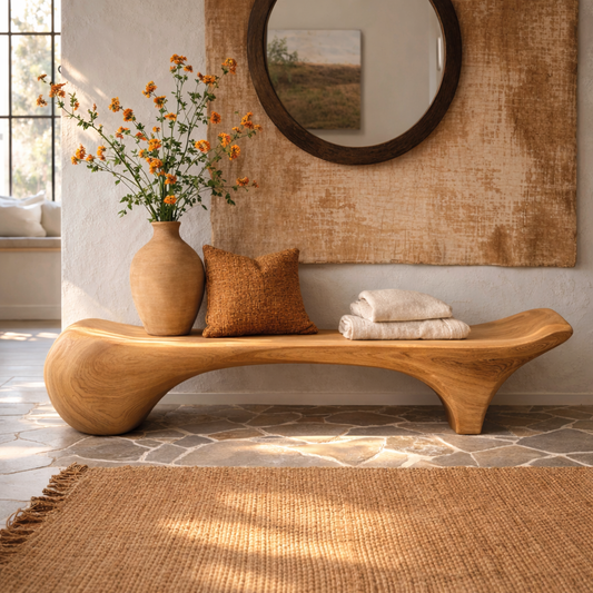 Sculptural Solid Wood Bench, Organic Modern Entryway Statement Seat - view 1 of 7