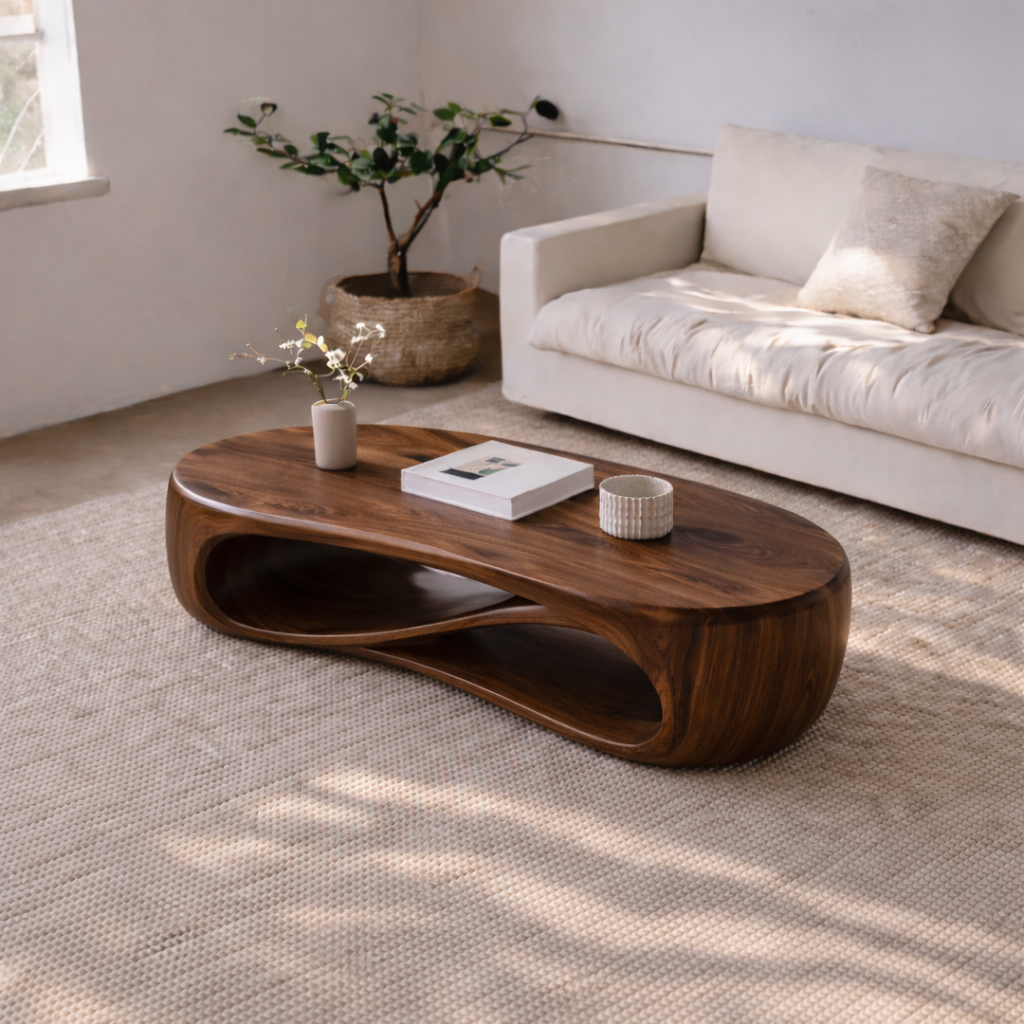 Solid Wood Sculptural Coffee Table with Curved Storage Shelf – Modern Living Room Table - view 3 of 7