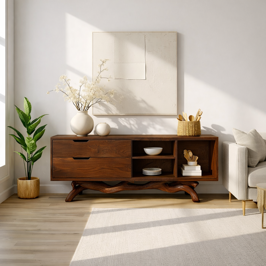 Modern Solid Wood Sideboard with Sculptural Base, Mid Century Storage Cabinet - view 7 of 8