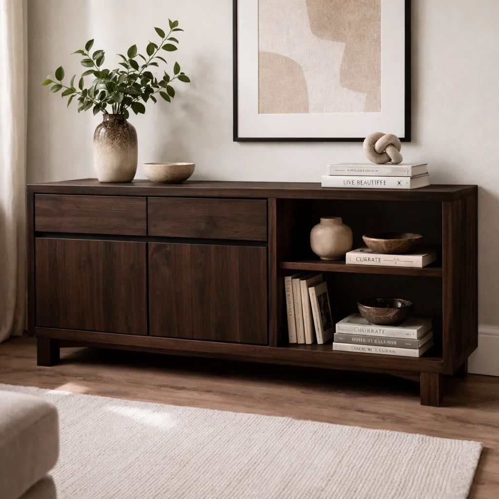 Solid Wood Console Cabinet with Drawers and Open Shelves - view 2 of 7