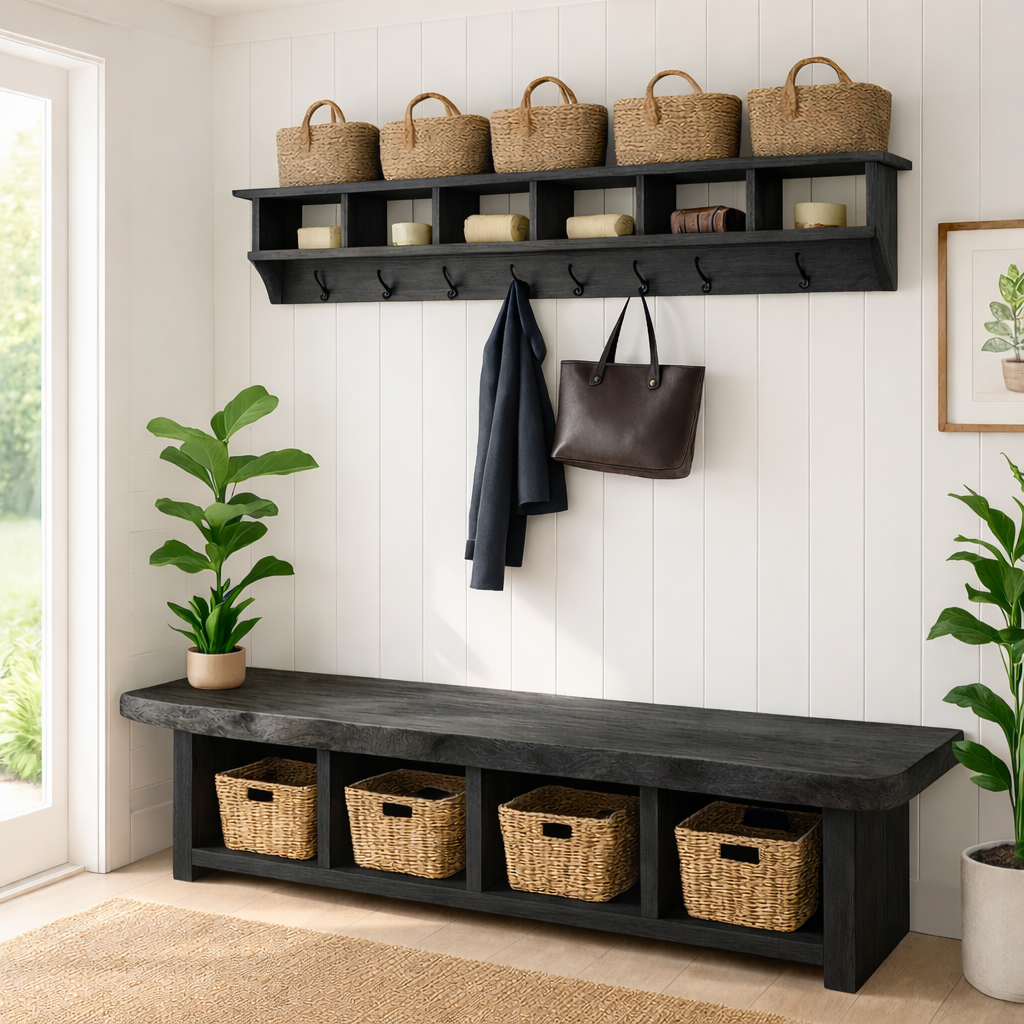 Solid Wood Entryway Bench with Storage Cubbies, Rustic Hallway Organizer Seat - view 3 of 7