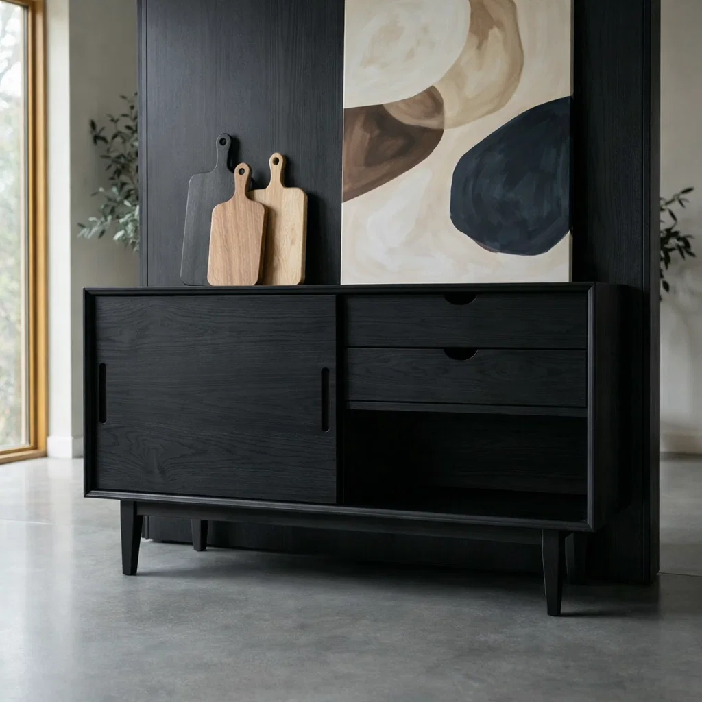 Mid Century Solid Wood Console Cabinet with Sliding Door and Drawers - view 4 of 7