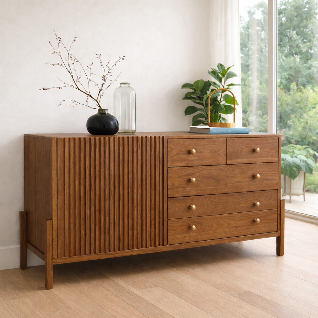 Fluted Panel Sideboard Cabinet with 4 Drawers – Contemporary Storage Console - view 3 of 7