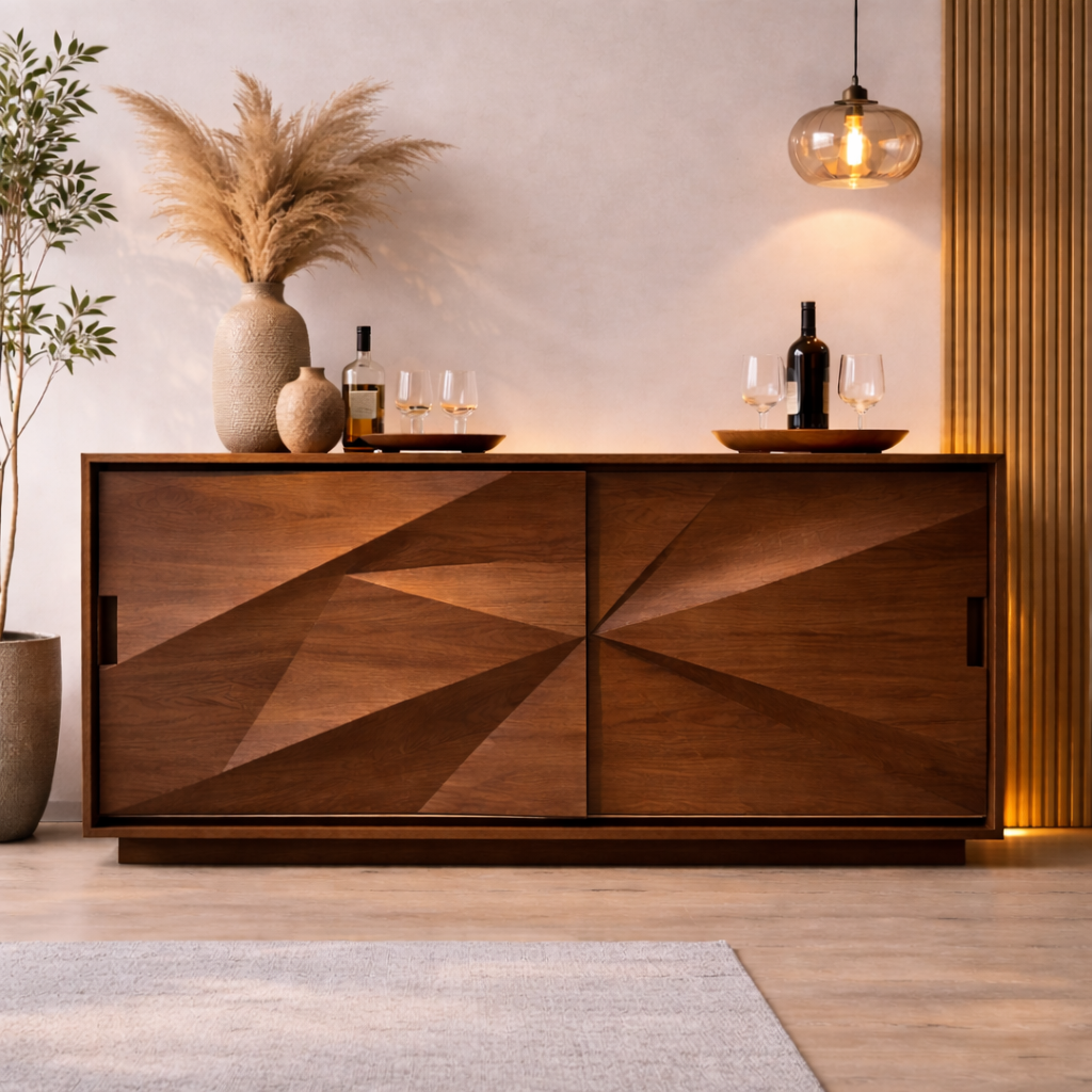 Solid Walnut Console Table with Geometric Carved Doors – Modern Wooden Sideboard - view 2 of 7