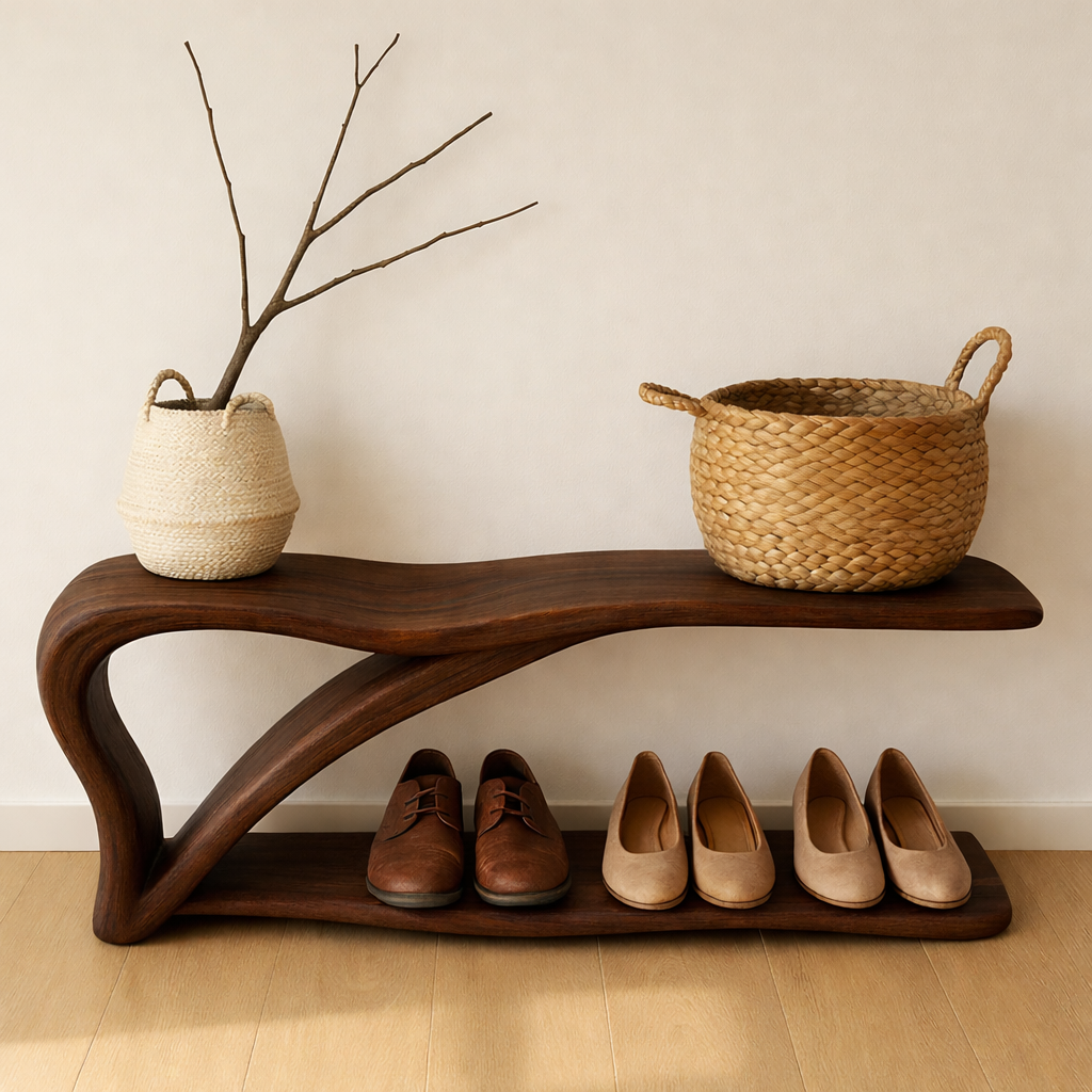 Sculptural Wooden Shoe Storage Bench – Solid Wood Entryway Bench with Shelf - view 2 of 7
