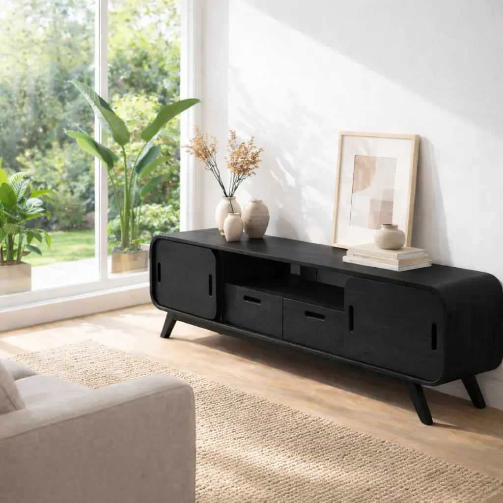 Solid Wood Modern Console Table with Sliding Doors and Open Storage - view 4 of 7
