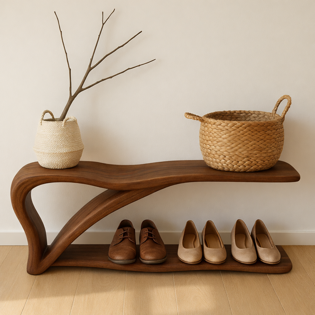 Sculptural Wooden Shoe Storage Bench – Solid Wood Entryway Bench with Shelf - view 3 of 7