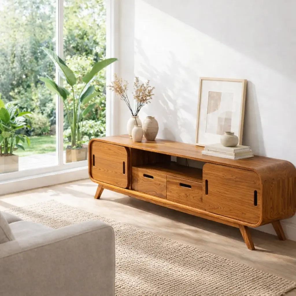Solid Wood Modern Console Table with Sliding Doors and Open Storage - view 3 of 7