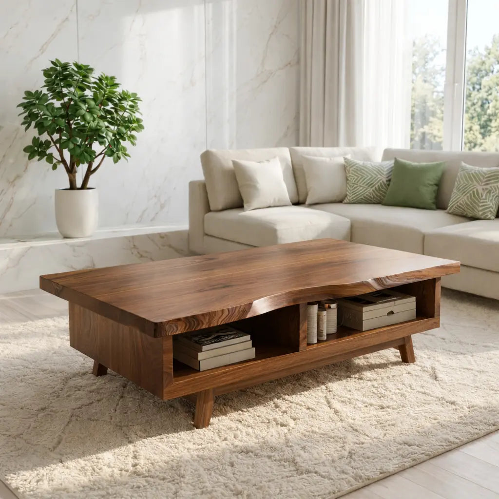 Handcrafted Walnut Coffee Table with Storage, Natural Wood Living Room Furniture - view 3 of 7