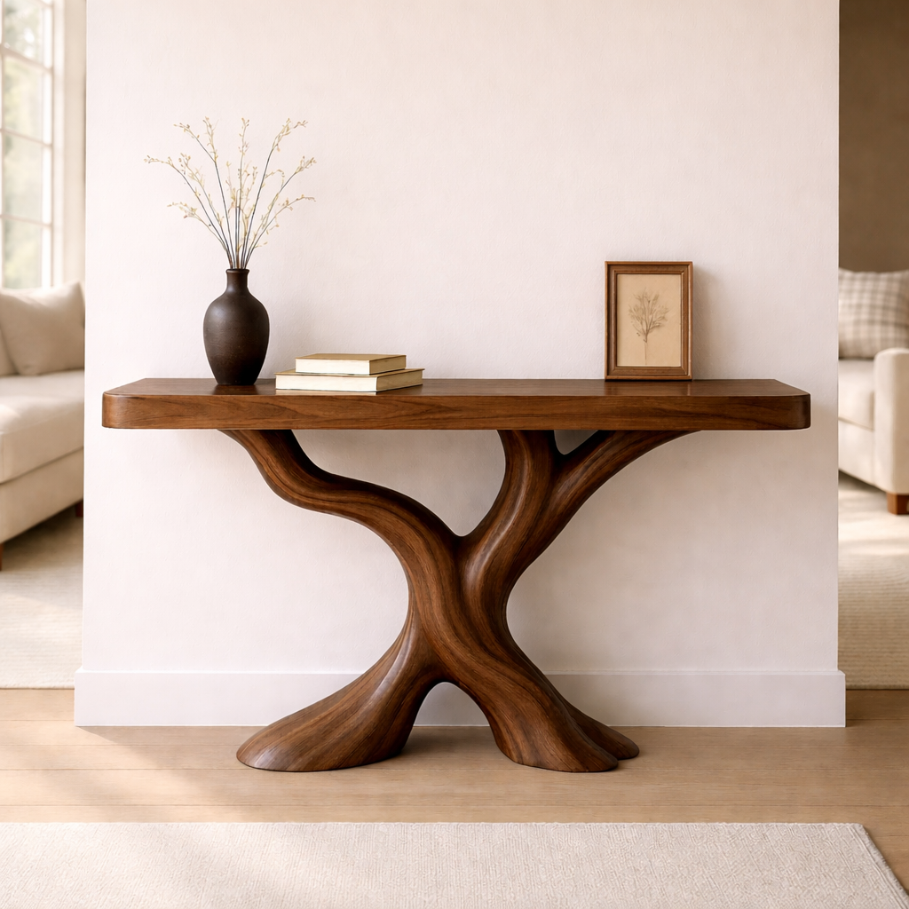 Organic Solid Wood Console Table, Sculptural Tree Base Entryway Hallway Furniture - view 2 of 7