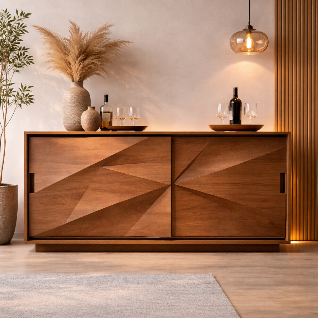 Solid Walnut Console Table with Geometric Carved Doors – Modern Wooden Sideboard - view 3 of 7