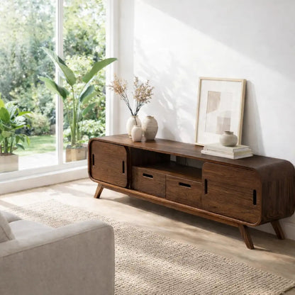 Solid Wood Modern Console Table with Sliding Doors and Open Storage - view 2 of 7