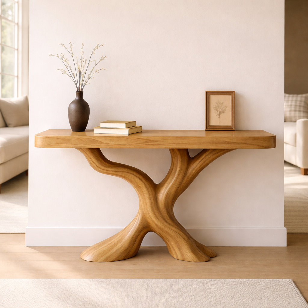Organic Solid Wood Console Table, Sculptural Tree Base Entryway Hallway Furniture - view 1 of 7