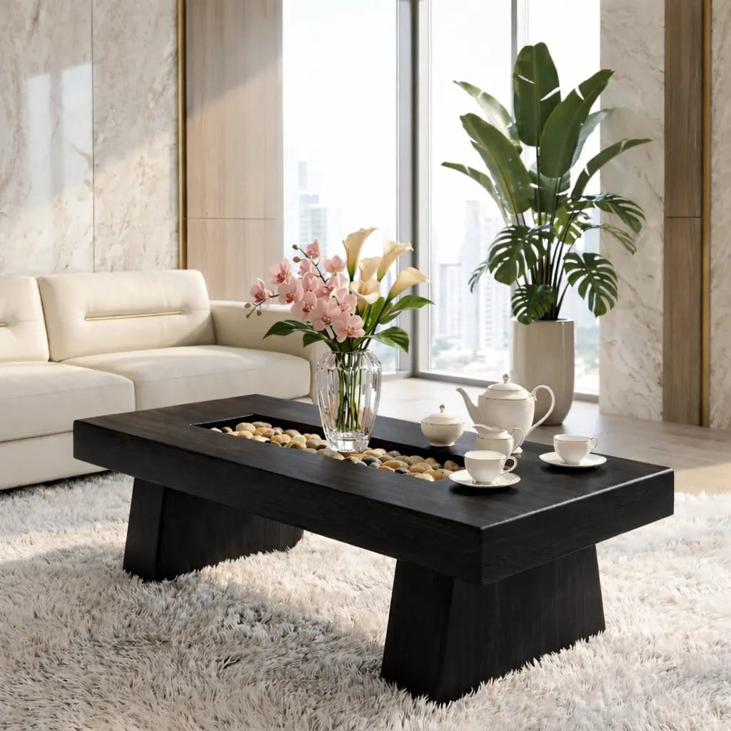 Rustic Wooden Coffee Table with Stone Inlay, Handmade Living Room Furniture - view 4 of 7
