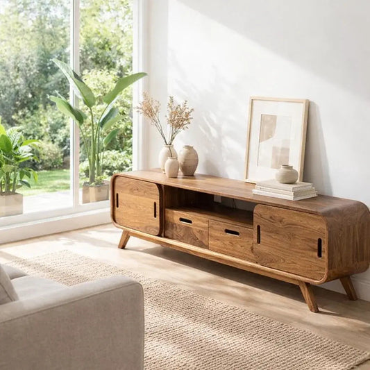 Solid Wood Modern Console Table with Sliding Doors and Open Storage - view 1 of 7