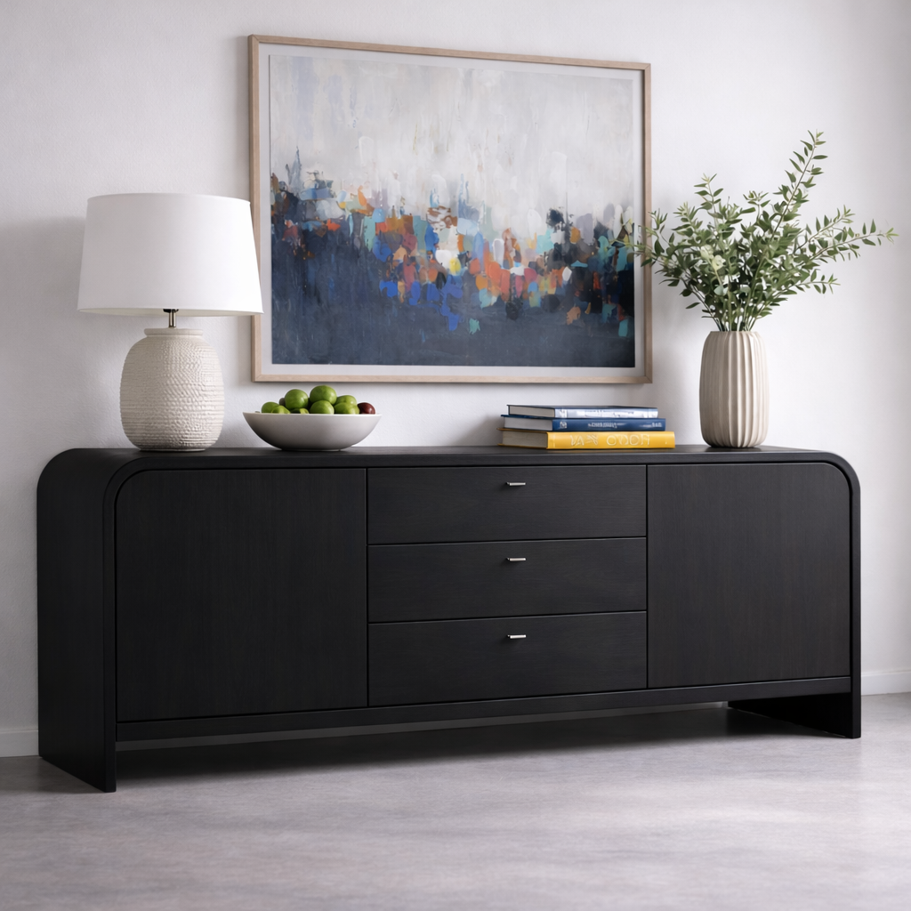 Solid Wood Console Table with Drawers and Cabinets – Modern Walnut Sideboard - view 4 of 7