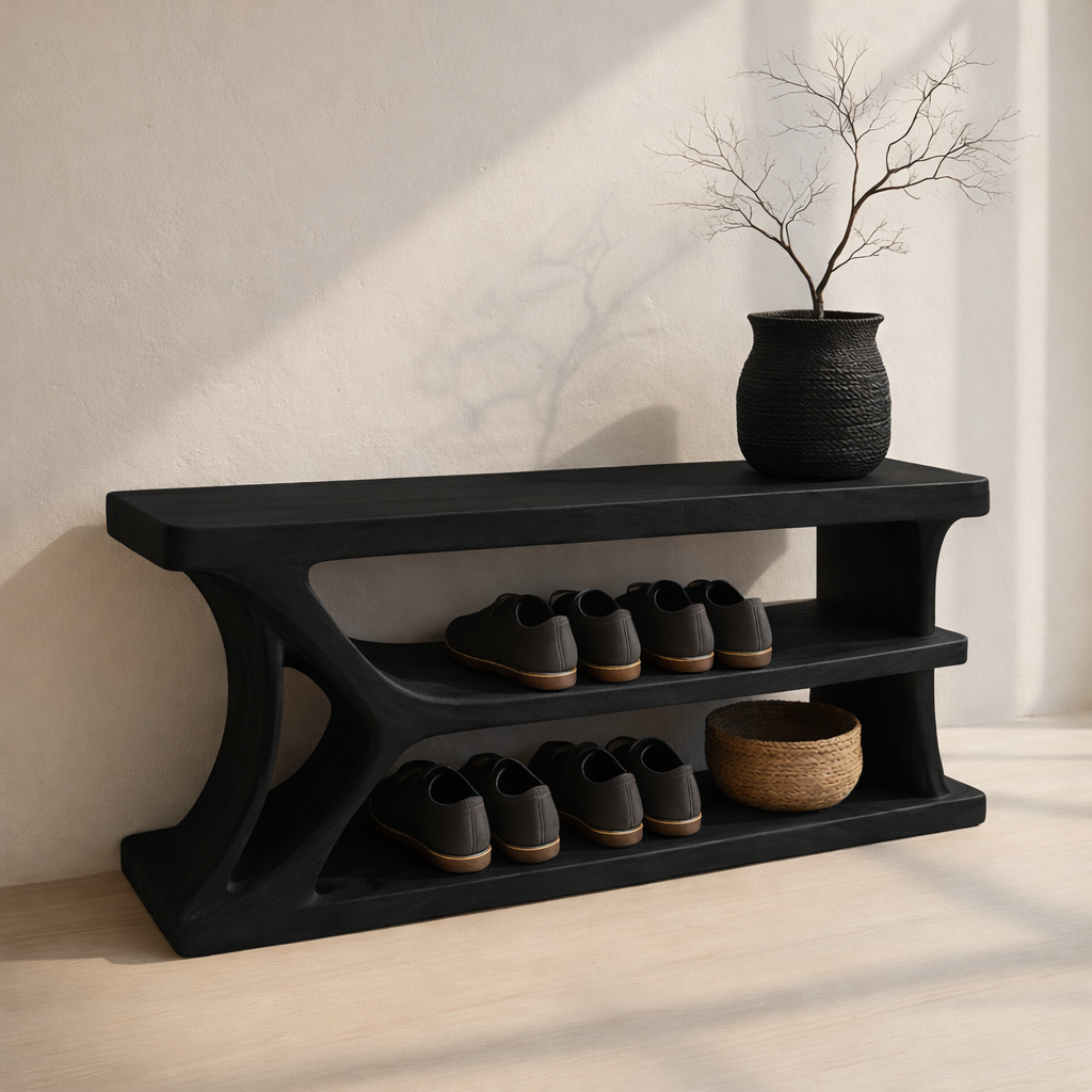 Modern Solid Wood Shoe Storage Bench – Entryway Wooden Bench with Open Shelves - view 4 of 7