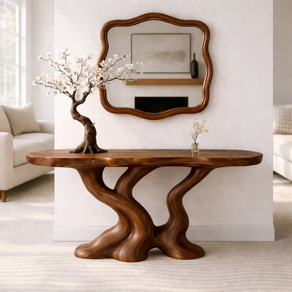 Sculptural Solid Wood Console Table, Organic Tree Root Base Entryway Hallway Furniture - view 6 of 7