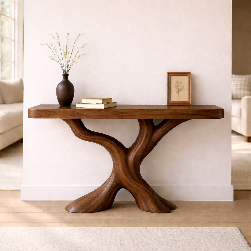 Organic Solid Wood Console Table, Sculptural Tree Base Entryway Hallway Furniture - view 3 of 7