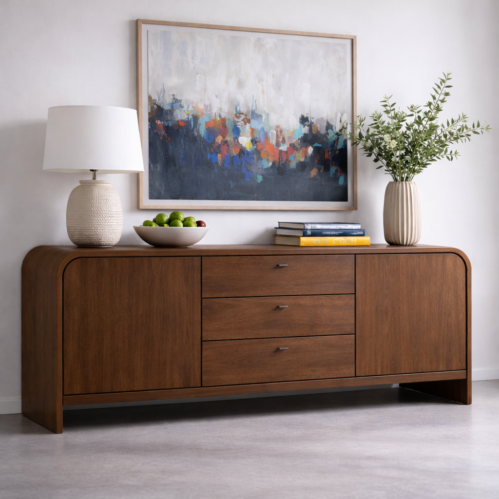 Solid Wood Console Table with Drawers and Cabinets – Modern Walnut Sideboard - view 2 of 7