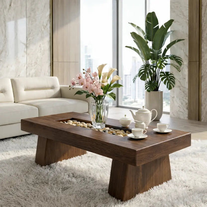 Rustic Wooden Coffee Table with Stone Inlay, Handmade Living Room Furniture - view 3 of 7