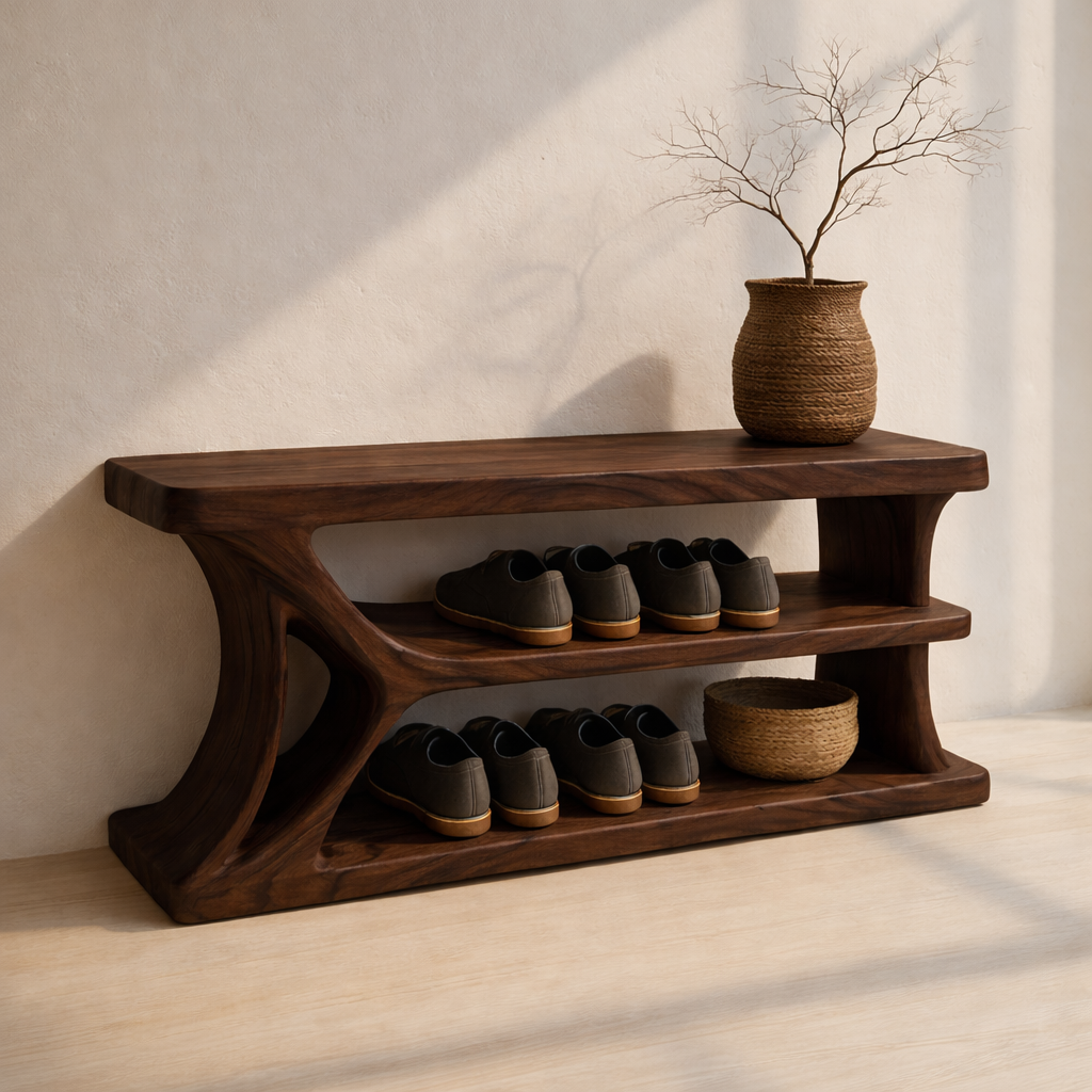 Modern Solid Wood Shoe Storage Bench – Entryway Wooden Bench with Open Shelves - view 2 of 7