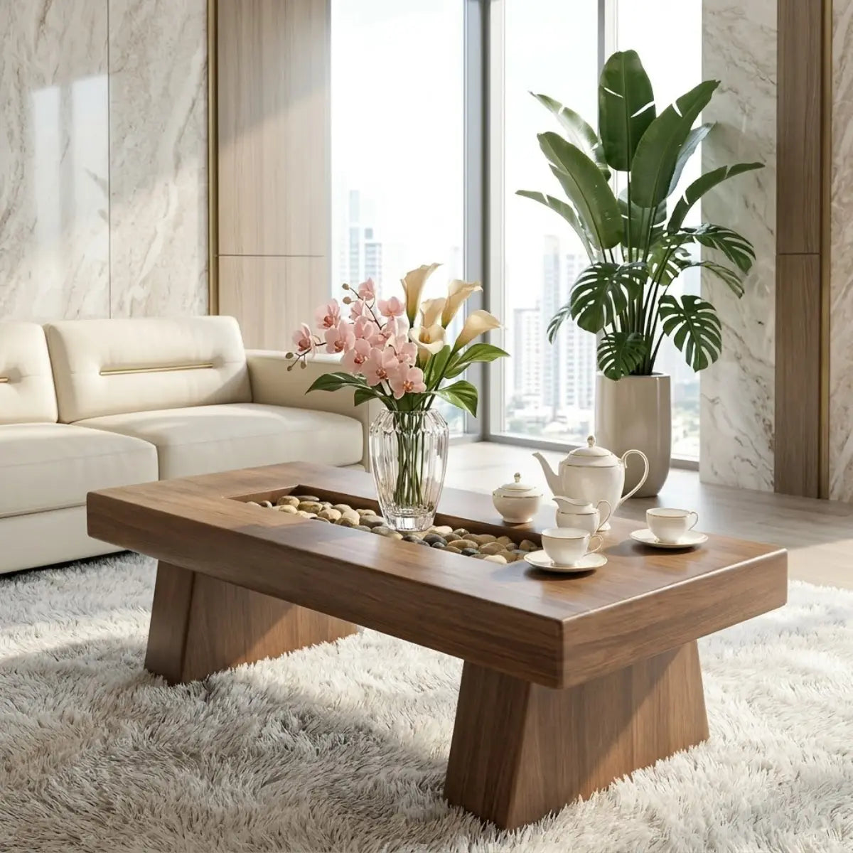 Rustic Wooden Coffee Table with Stone Inlay, Handmade Living Room Furniture - view 2 of 7
