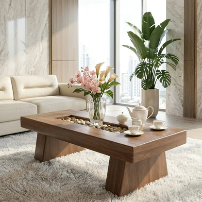 Rustic Wooden Coffee Table with Stone Inlay, Handmade Living Room Furniture - view 2 of 7