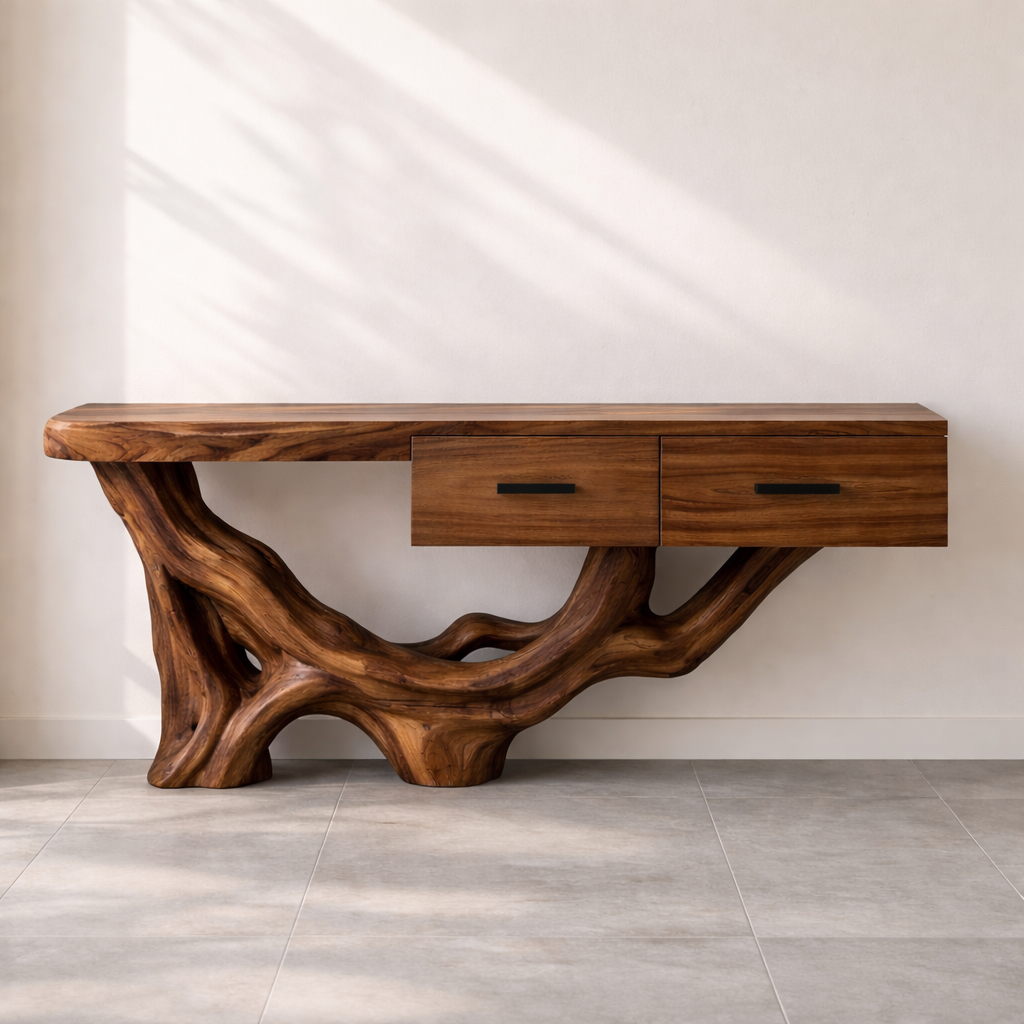 Rustic Solid Wood Console Table With Drawers, Tree Root Base Entryway Hallway Furniture - view 5 of 7