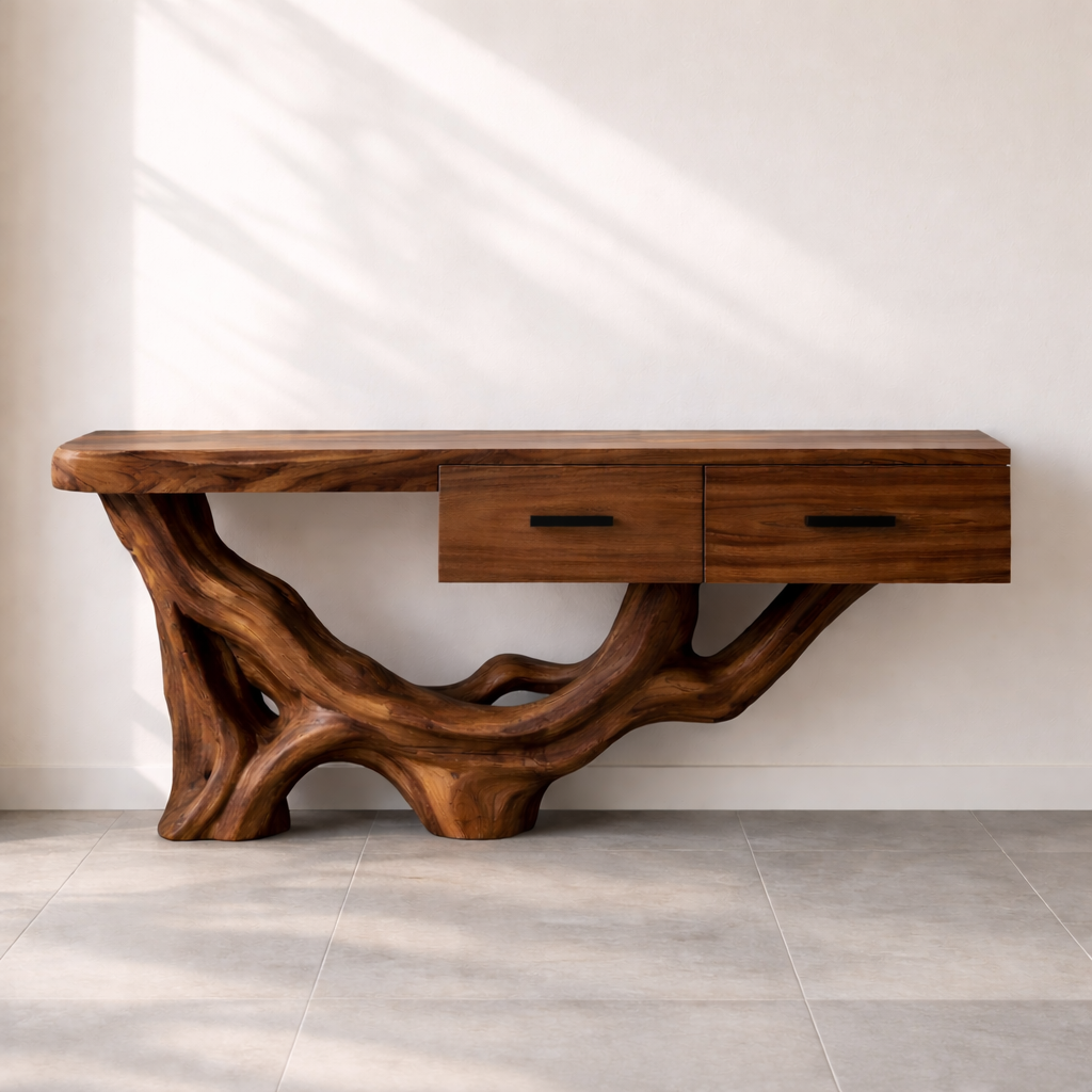 Rustic Solid Wood Console Table With Drawers, Tree Root Base Entryway Hallway Furniture - view 6 of 7