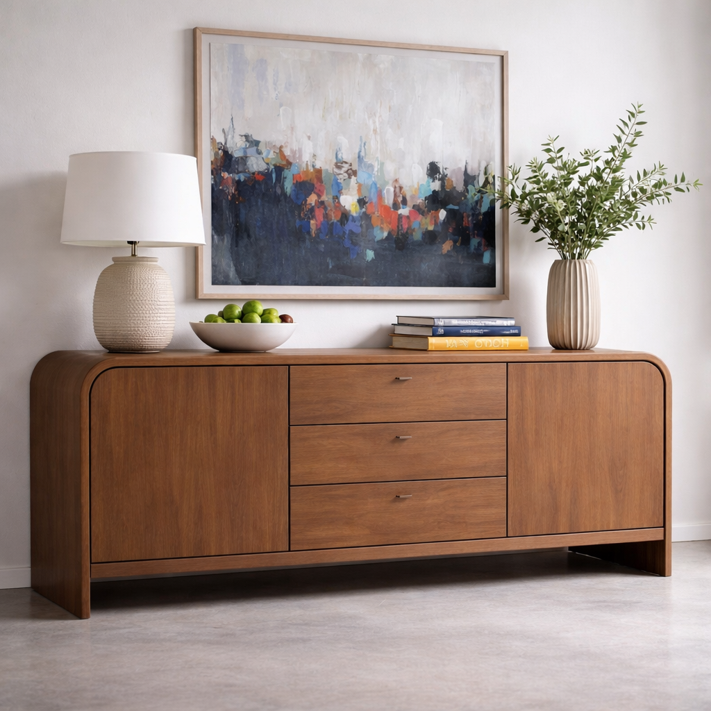 Solid Wood Console Table with Drawers and Cabinets – Modern Walnut Sideboard - view 3 of 7
