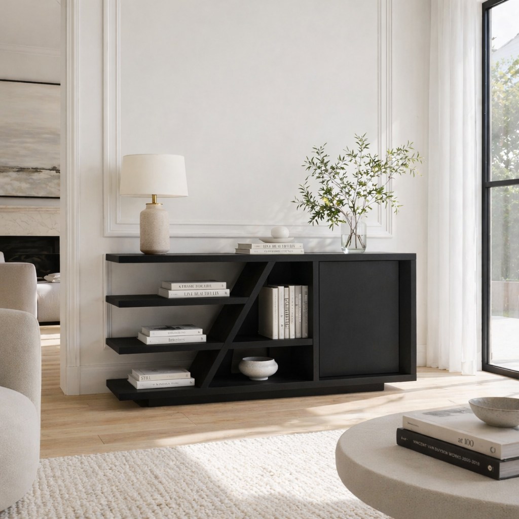 Solid Wood Console Sideboard with Open Shelves – Modern Walnut Storage Cabinet - view 4 of 7