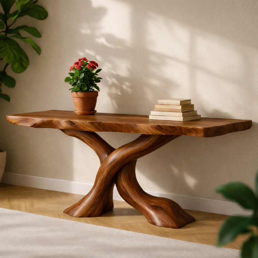 Solid Wood Entryway Console Table with Twisted Trunk Base and Natural Live Edge - view 5 of 7