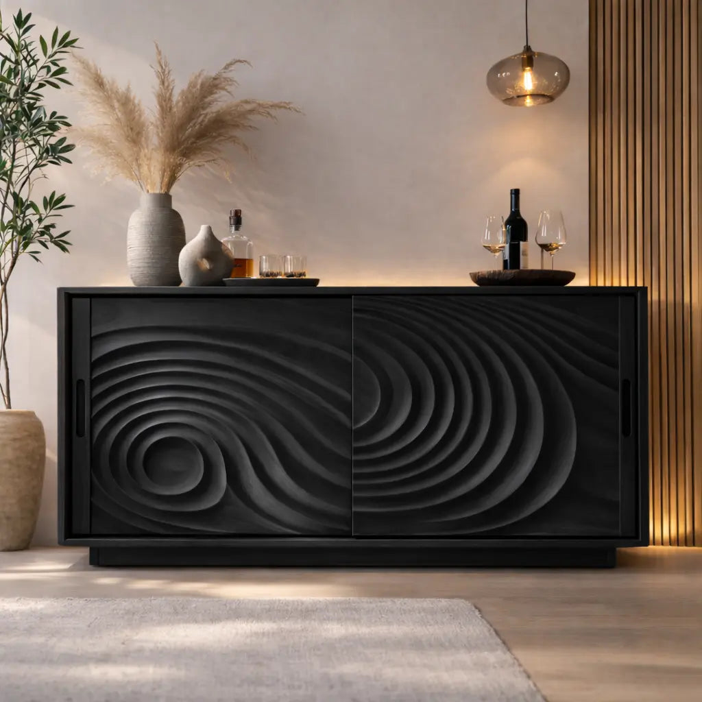Solid Wood Console Table with Carved Wave Doors – Modern Sculptural Storage Cabinet - view 4 of 7