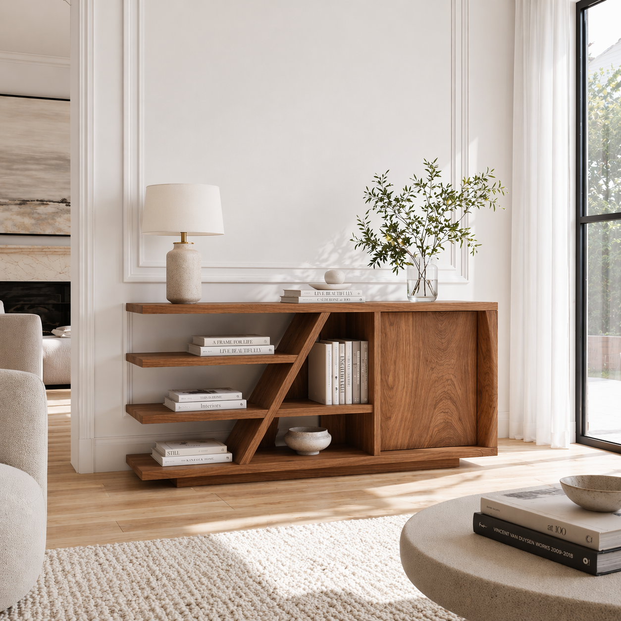 Solid Wood Console Sideboard with Open Shelves – Modern Walnut Storage Cabinet - view 3 of 7