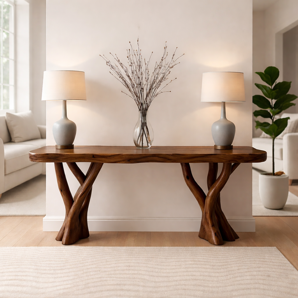 Rustic Solid Wood Console Table, Sculptural Branch Base Entryway Hallway Furniture - view 5 of 7