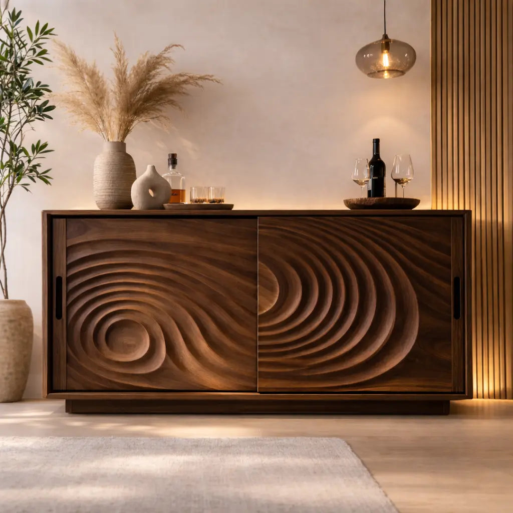 Solid Wood Console Table with Carved Wave Doors – Modern Sculptural Storage Cabinet - view 2 of 7