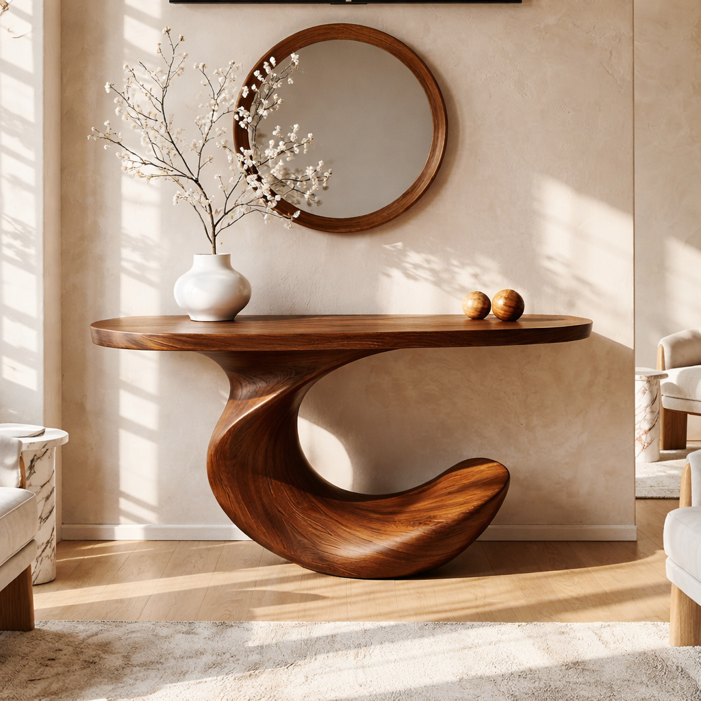 Solid Wood Console Table with Sculpted Curved Base, Modern Minimalist Design - view 3 of 7