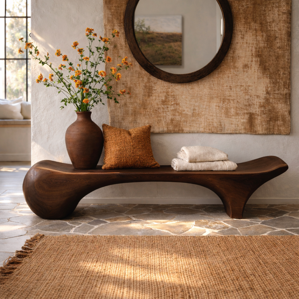 Sculptural Solid Wood Bench, Organic Modern Entryway Statement Seat - view 3 of 7