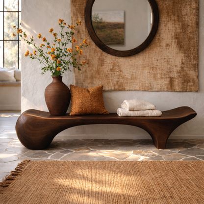 Sculptural Solid Wood Bench, Organic Modern Entryway Statement Seat - view 3 of 7