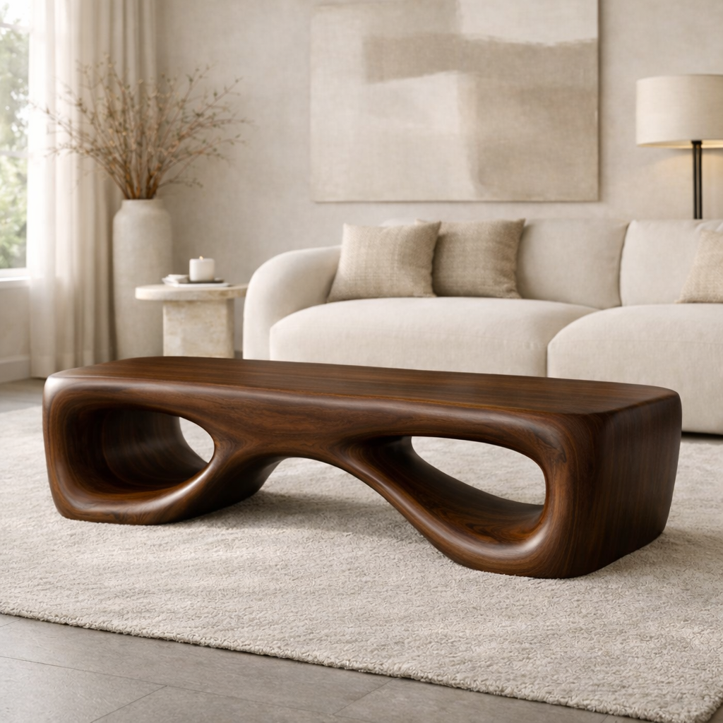 Modern Sculptural Wooden Entryway Bench, Curved Hallway Seating for Luxury Homes - view 3 of 7
