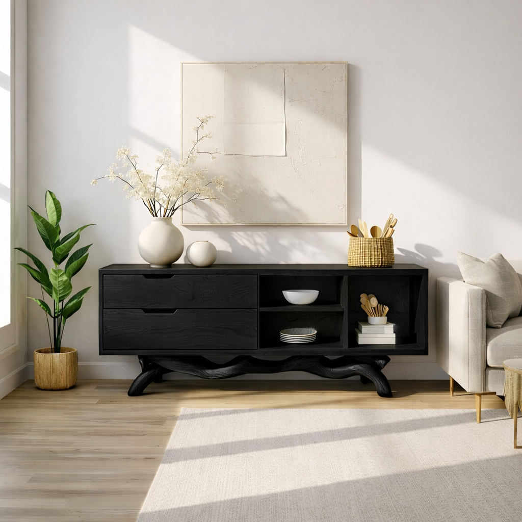 Modern Solid Wood Sideboard with Sculptural Base, Mid Century Storage Cabinet - view 8 of 8