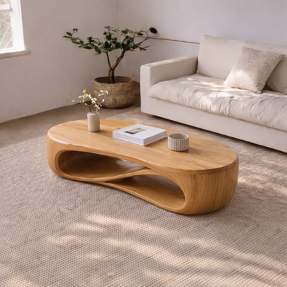 Solid Wood Sculptural Coffee Table with Curved Storage Shelf – Modern Living Room Table - view 4 of 7