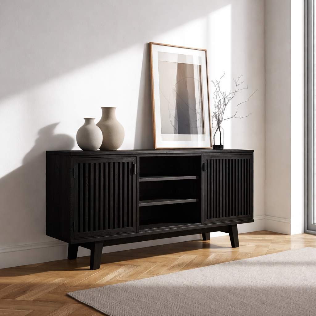 Modern Oak Console Cabinet with Vertical Slatted Doors – Stylish Storage for Living Room - view 4 of 7